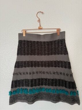 Nick & Mo Gray and Black Knit A-Line Skirt with Teal Fringe size M women’s